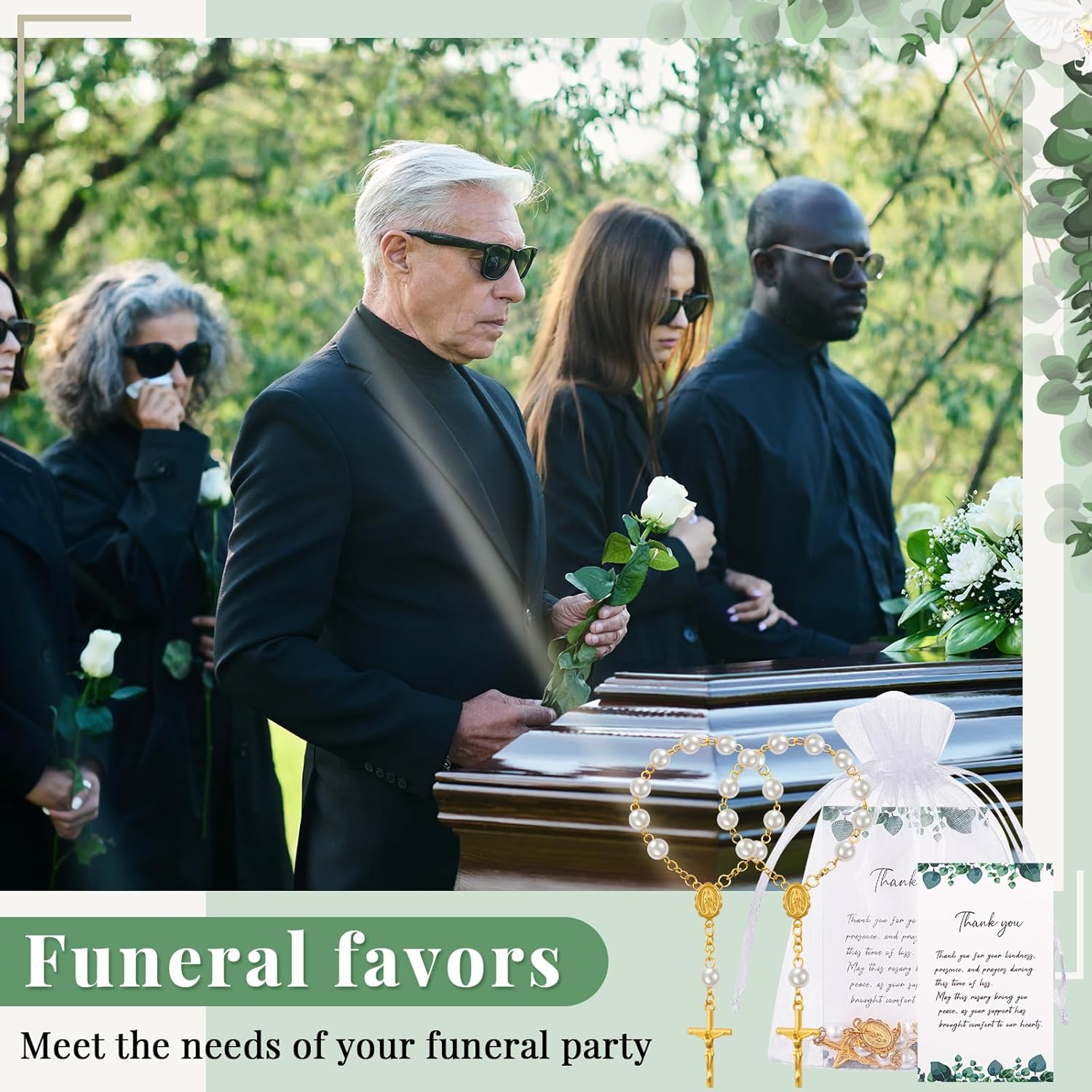 Quelay 50 Sets Funeral Favors for Guests, Mini Rosary Organza Bags Sympathy Thank You Cards Celebration of Life Favors for Memorial Party Supplies Funeral Guest Return Gifts