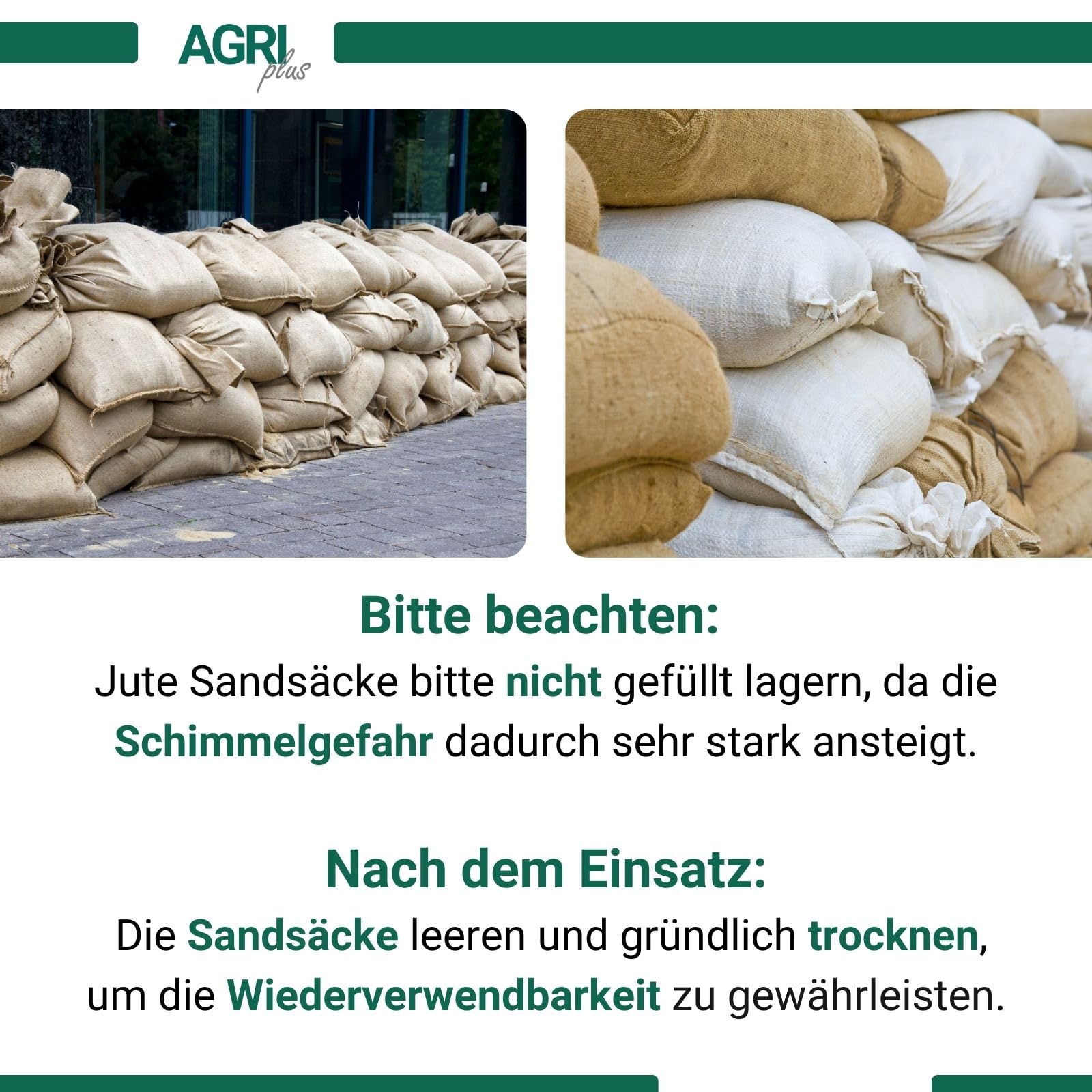 AGRI plus 10 Stück Hochwassersäcke unbefüllt I 30 x 60 cm I nachhaltige Hochwasserbarriere-Säcke aus Jute I Flutschutzsäcke mit Bindeband I stabile Sandsäcke mit Fassungsvermögen bis 20kg