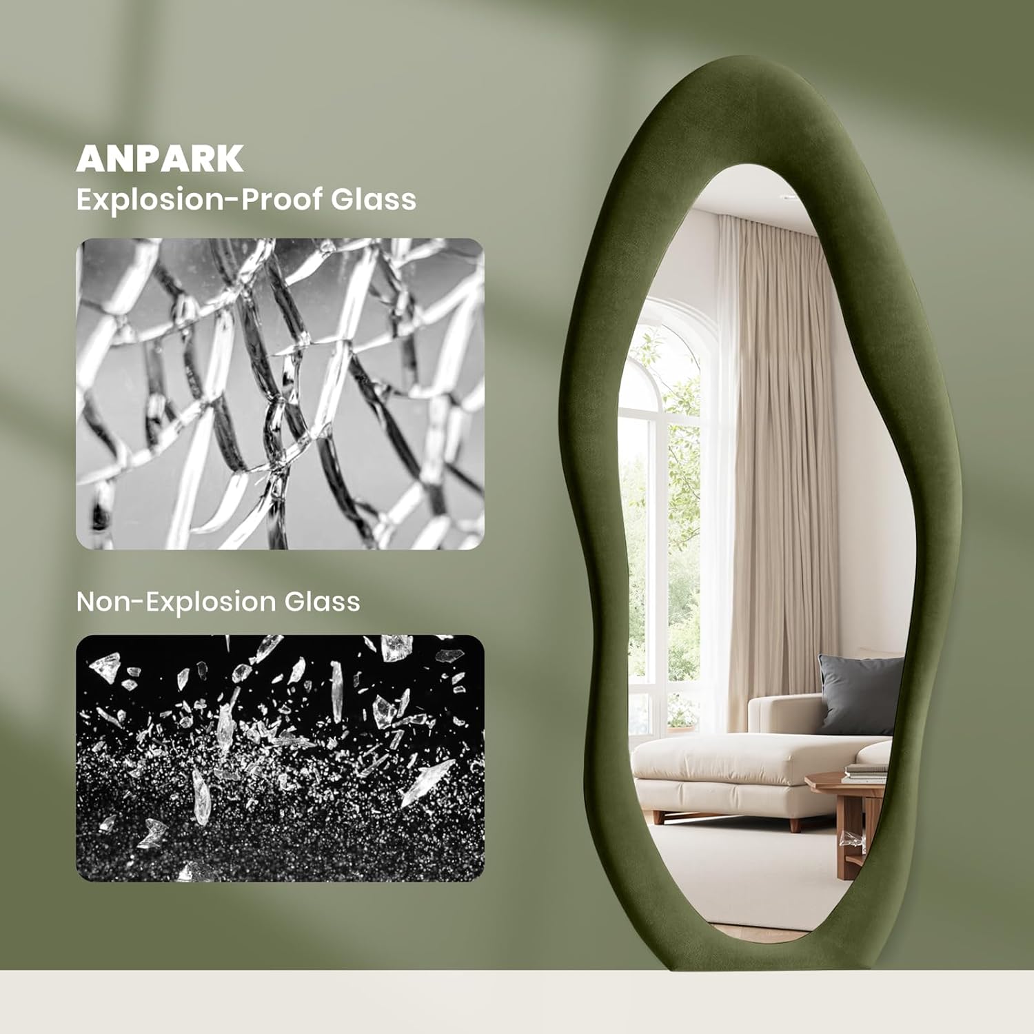 Anpark Full Length Mirror, 71"x 30" Wall Mirror, Flannel Wrapped Wooden Frame Floor Mirror, Irregular Wavy Hanging or Leaning for Bedroom Living Room Cloakroom, Green