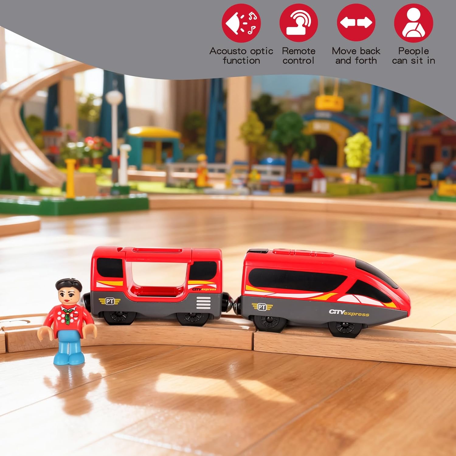 Battery Operated Train for Wooden Track,Powerful Engine Locomotive Remote Control Train Toy with Light and Sounds Gift for Boy Kids Toddlers, Compatible with Thomas, Brio, Chuggington