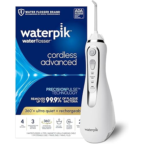 Waterpik Cordless Advanced 2.0 Water Flosser For Teeth, Gums, Braces, Dental Care With Travel Bag and 4 Tips, ADA Accepted, Rechargeable, Portable, and Waterproof, White WP-580, Packaging May Vary - White
