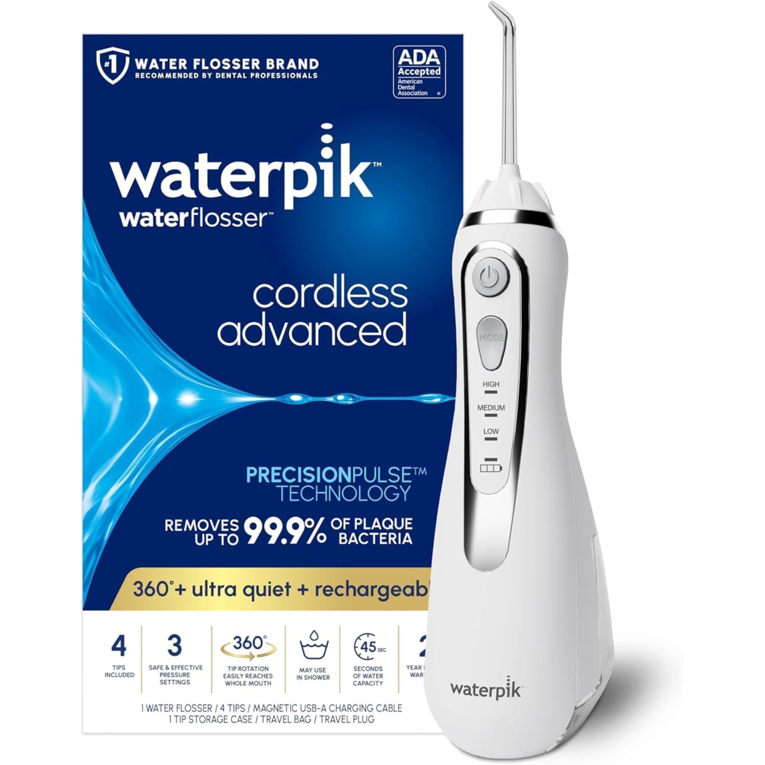 Waterpik Cordless Water Flosser Rechargeable Portable Oral Irrigator for Travel & Home – Cordless Advanced, Wp-560 White [US version] Pearly White
