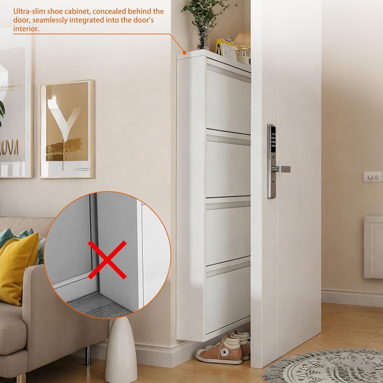 Shoe Cabinet with 4 Flip Drawers, Hidden Slim Narrow Shoe Rack Cabinet, Metal Entrance Shoe Cabinet Storage for Entryway, Wall Mounted Shoe Organizer for Hallway, White (4 Flip Drawers White)