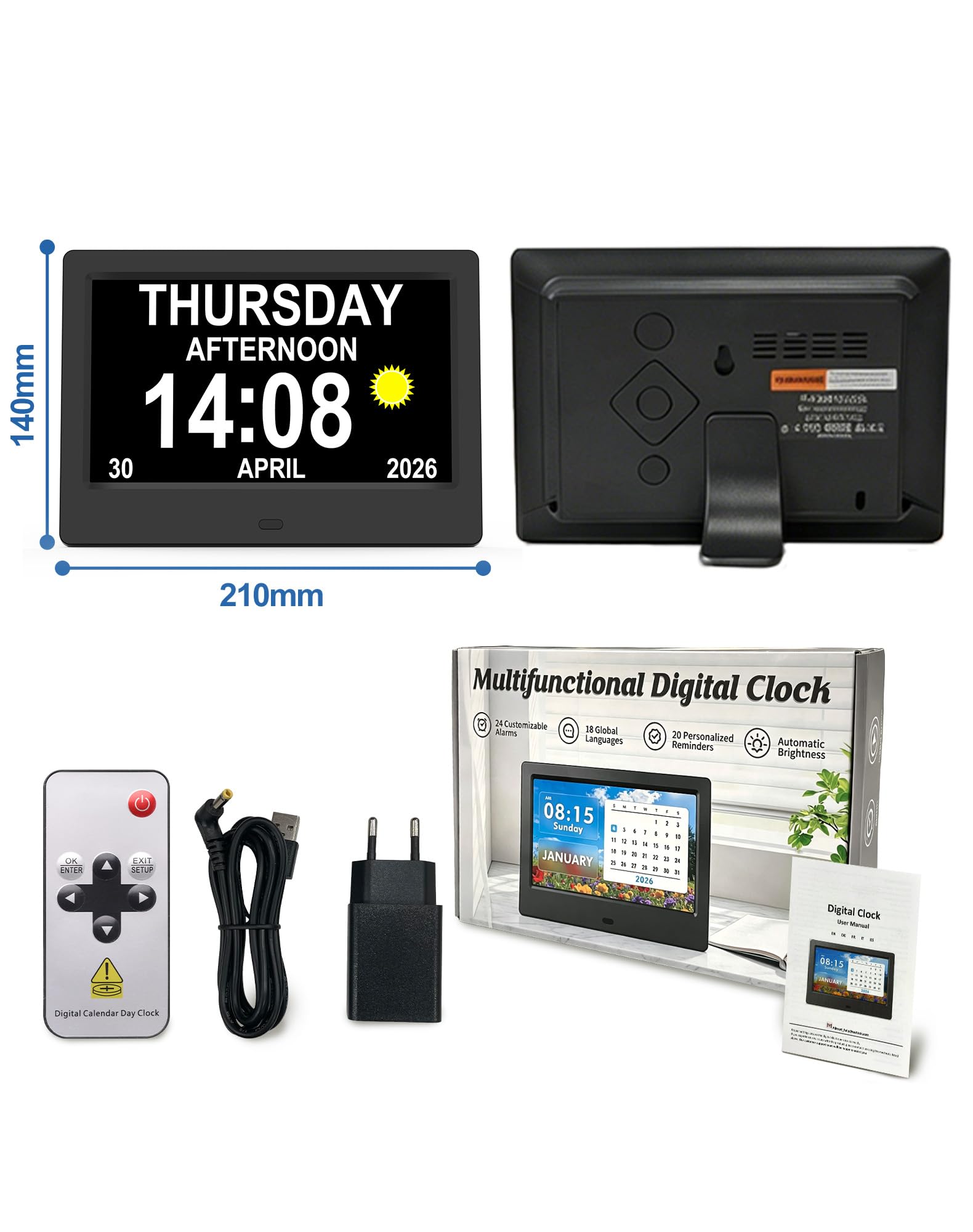 jely Digitaler Kalender mit Datum und Uhrzeit für Senioren, Wecker Digital 7 Zoll HD, 20 Erinnerungen, 24 Alarme, Fernbedienung, Digitaler Bilderrahmen, Tischuhr & Wanduhr – Schwarz