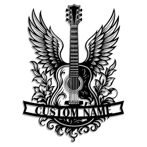 Personalized Winged Guitar Metal Sign – Custom Name Rock Music