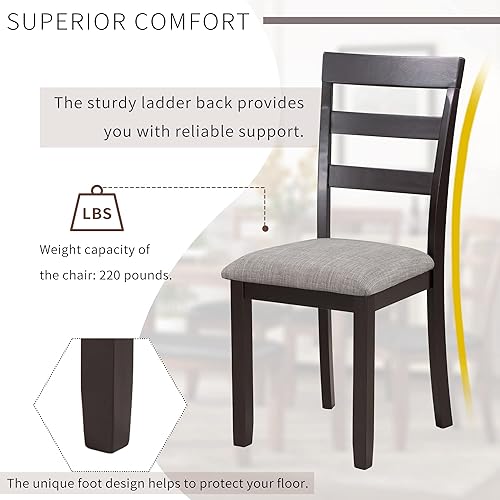 Miniatura 5 de Woanke Simple Wooden - Juego de 4 sillas tapizadas y 1 banco, mesa de cocina y comedor para 5, 6 piezas rectangulares espresso