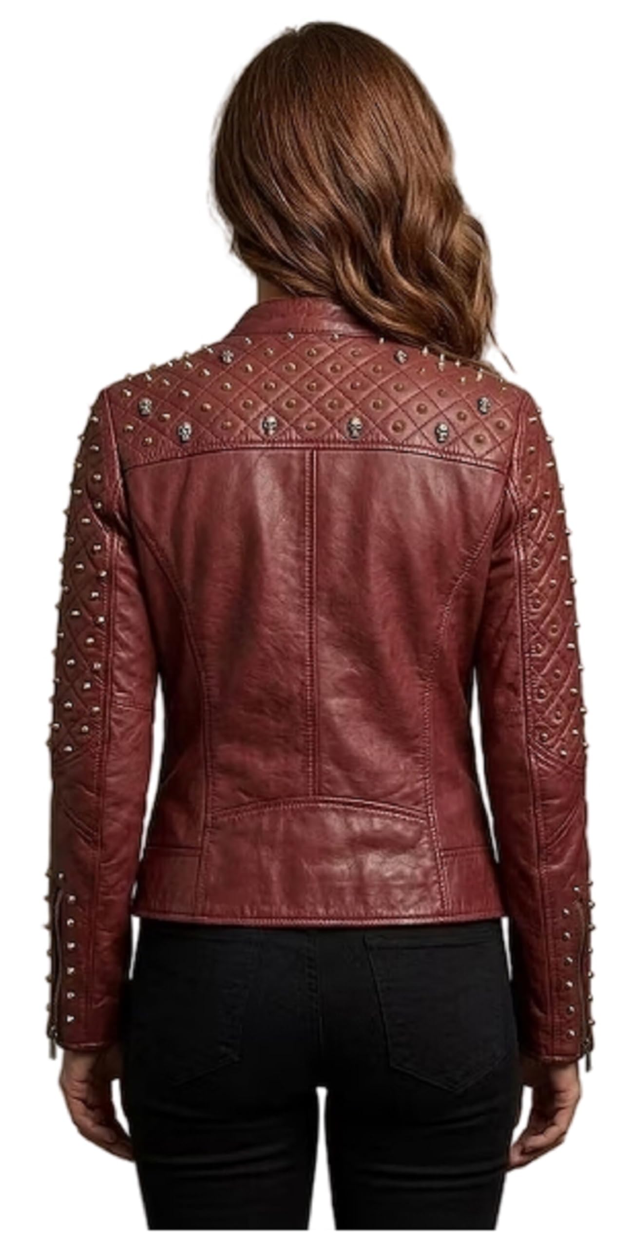 Chaqueta de motociclista de cuero clásica roja con tachuelas para mujer, estilo Moto Punk acolchada con detalles de pinchos