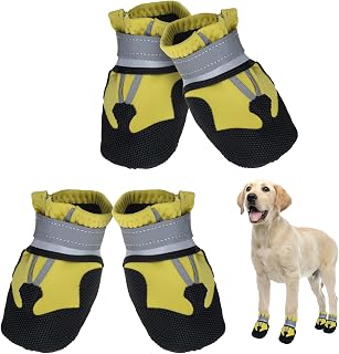 Avvrel Zapatos impermeables para perros, 4 unidades, con correa reflectante ajustable, para perros pequeños, medianos y grandes, color amarillo (XL)
