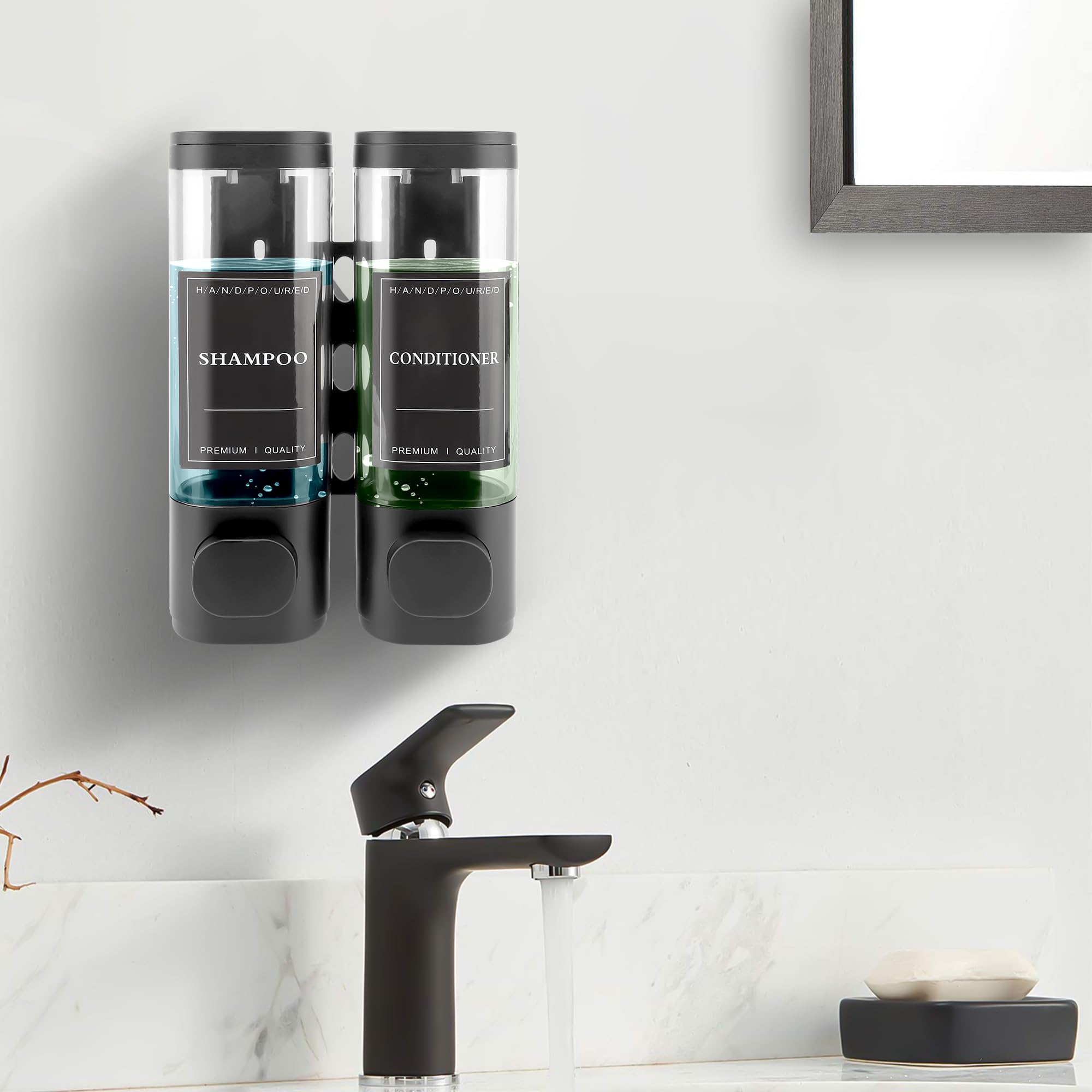 Distributeur de Savon Mural, Distributeur Gel Douche, Distributeur Double de Shampoing et Après-shampoing sans Perçage ABS pour Salle de Bain Cuisine Marché Hôtel Restaurant 300ML*2(Gris)