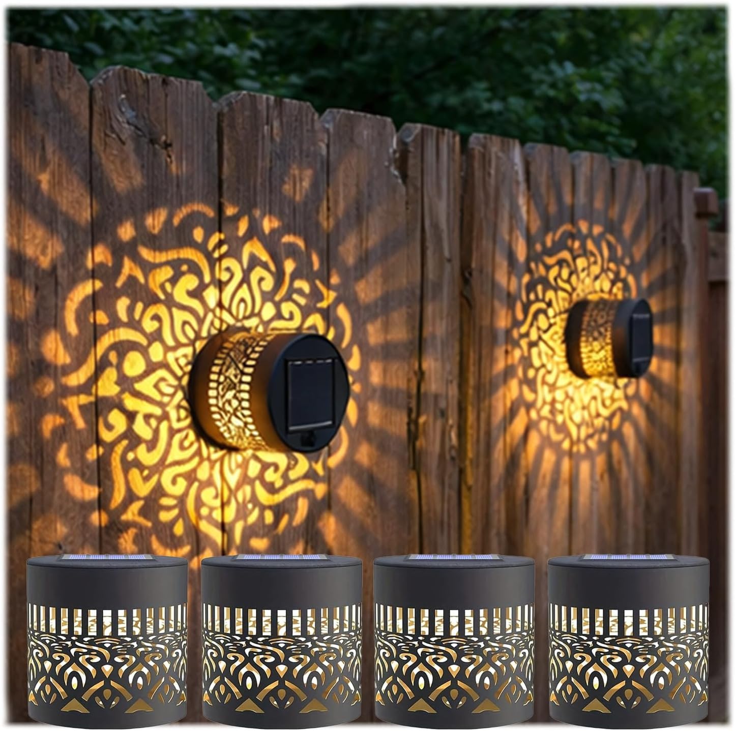 Decorative Solar Mandala Lights, Solar Mandala Lights Outdoor, Long-Lasting Light, Waterproof Dustproof, Auto Light Sensor On/Off, Screws or Adhesive, for Garden Post Patio Backyard Fence Decor (4PC)