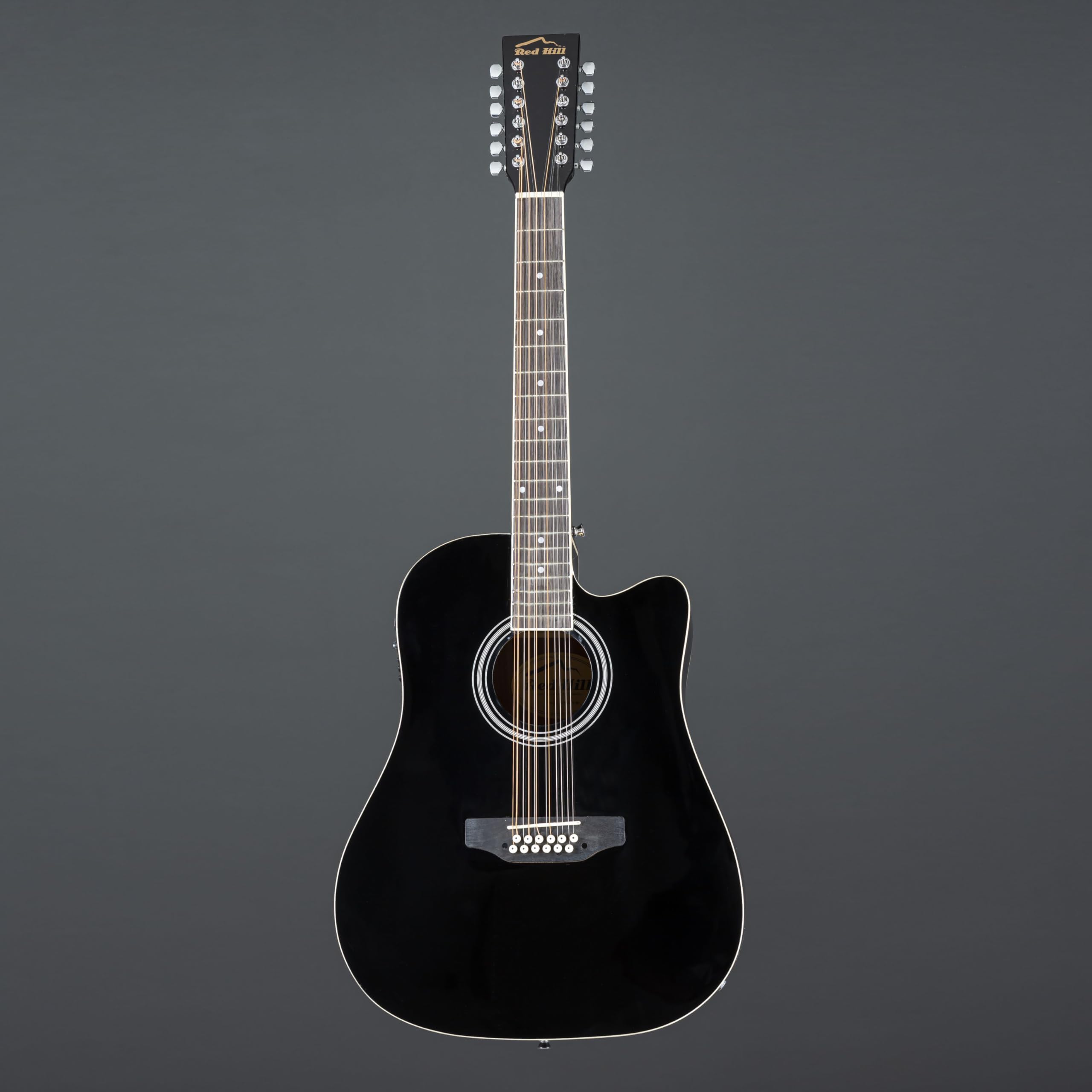 Red Hill AF-8 12-String Dreadnought Cutaway Westerngitarre, Schwarz, X-Bracing, Sapele-Korpus, Composite-Griffbrett, 20 Bünde