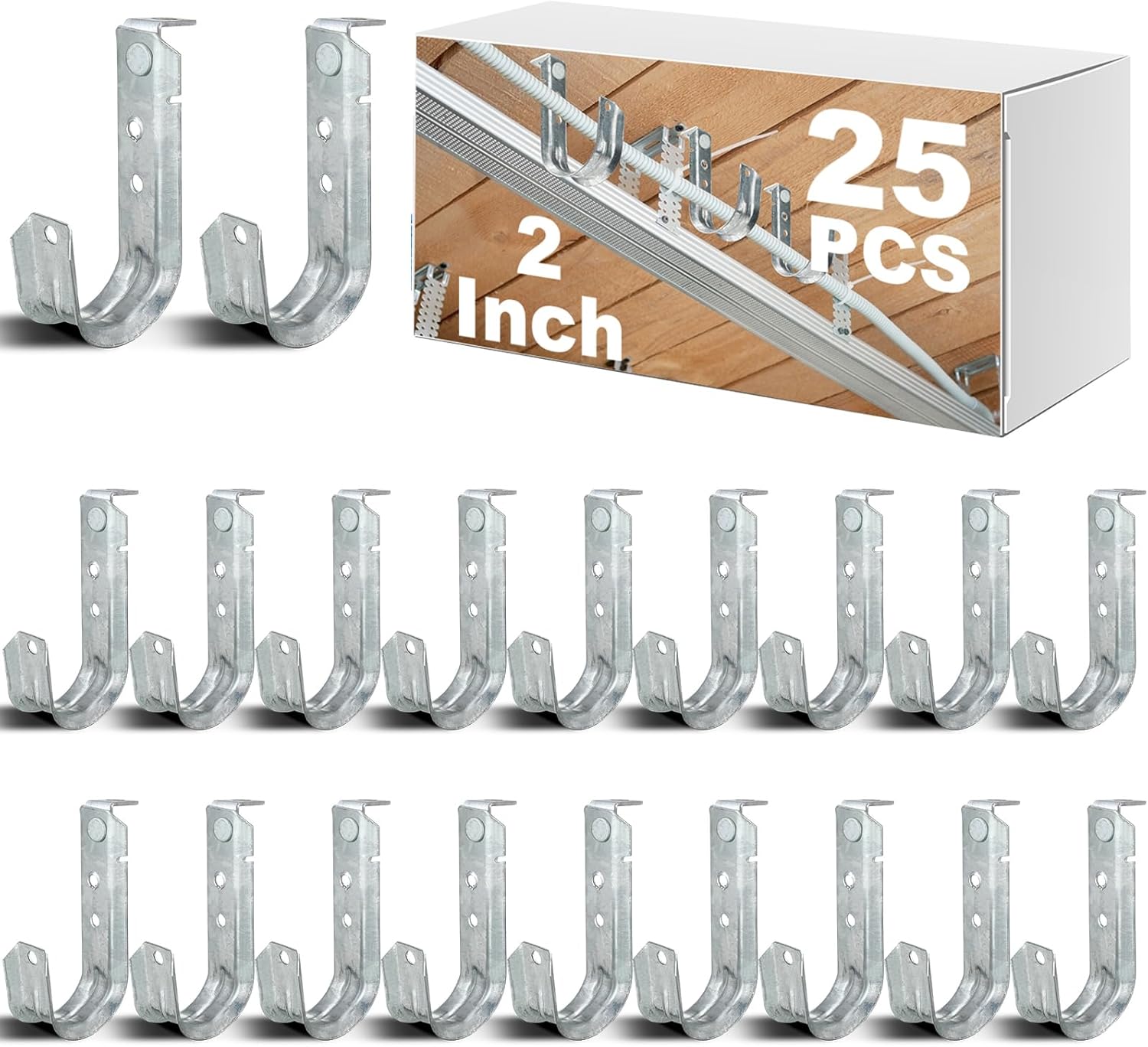 Zonon 25 Pcs J Hooks 2 Inch Ceiling Mount Metal J Hooks Support Heavy Duty G60 Galvanized Steel Cable Management for Hanging Attaching to Vertical Surfaces, Ul Certification Ceilings Beams