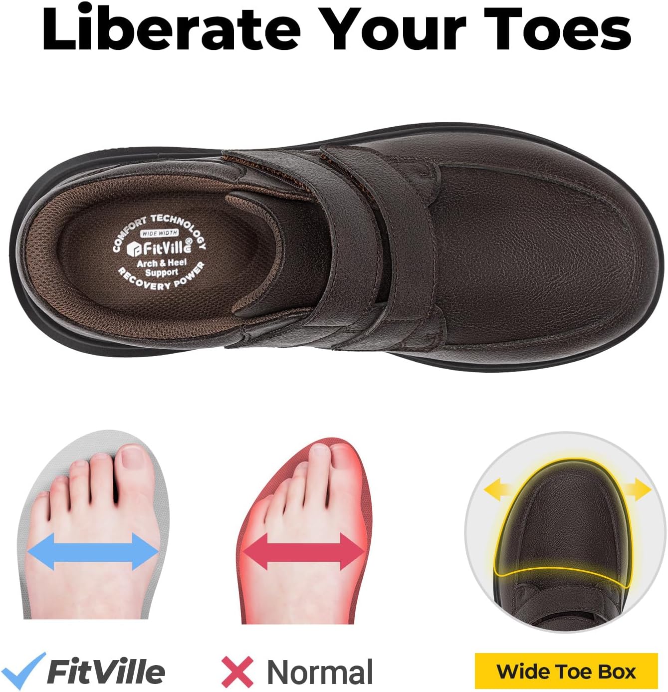 FitVille Men's Extra Wide Walking Shoes, Hook and Loop Comfortable Leather Business Shoes, Orthopedic Diabetic Shoes Dress Sneakers for Edema and Swollen Feet - Image 3