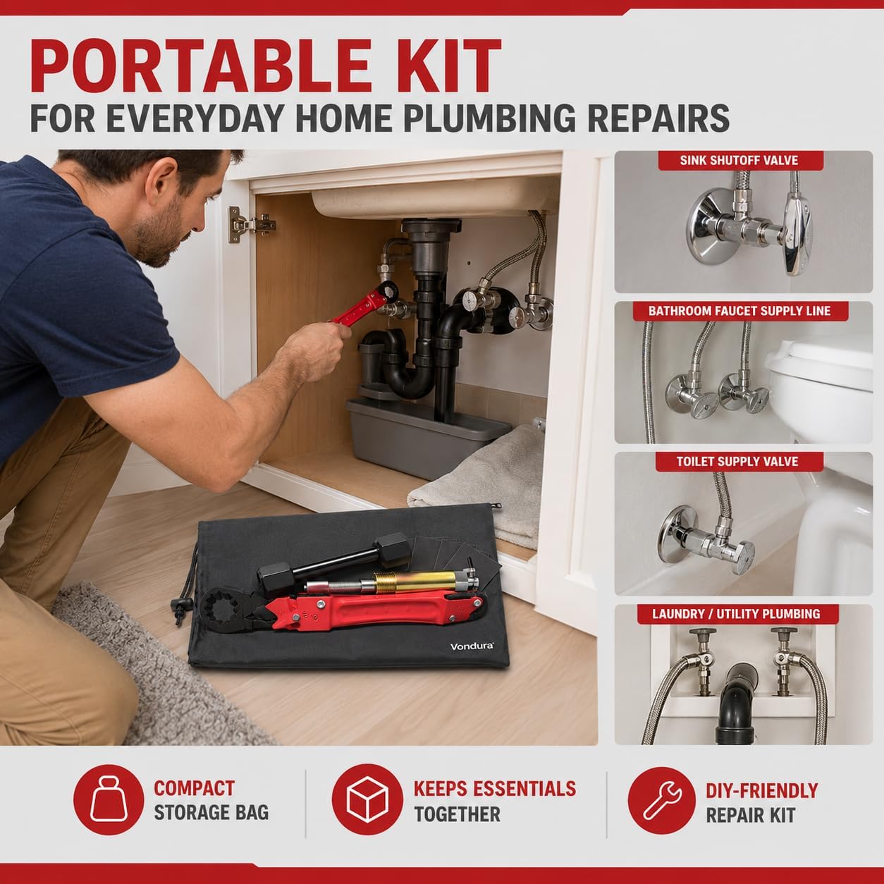 8-Piece Angle Stop Wrench Kit with Compression Sleeve Puller | 8-piece angle stop wrench kit with compression sleeve puller, P180 sheets and pouch for under-sink shutoff valve repair