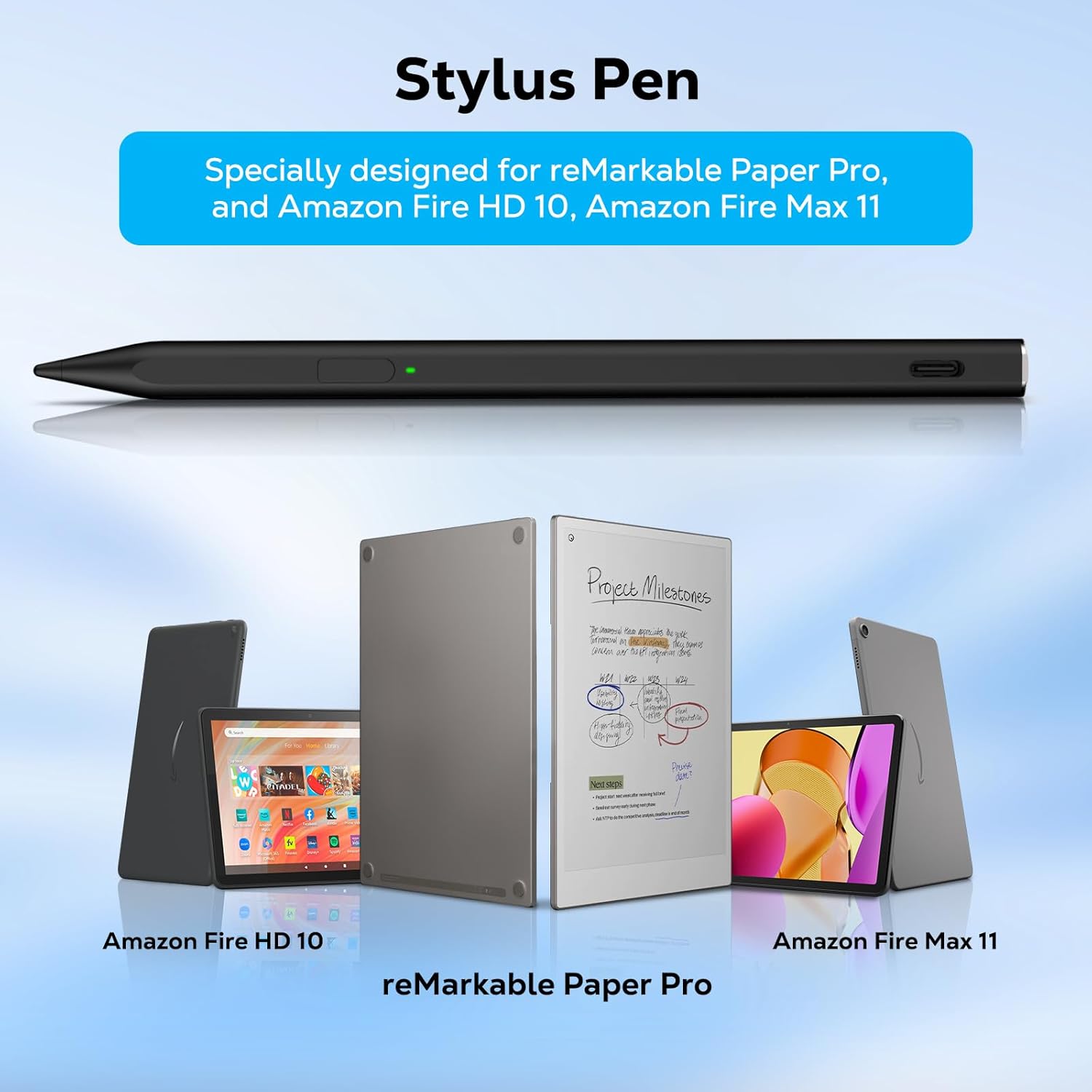 MoKo Stylus Pen for Remarkable Paper Pro with Eraser, Palm Rejection Fast Charge Replacement Pen for Remarkable Paper Pro Color Marker Plus with 4096 Pressure Tilt Sensitivity,3 Replacement Nibs,Black