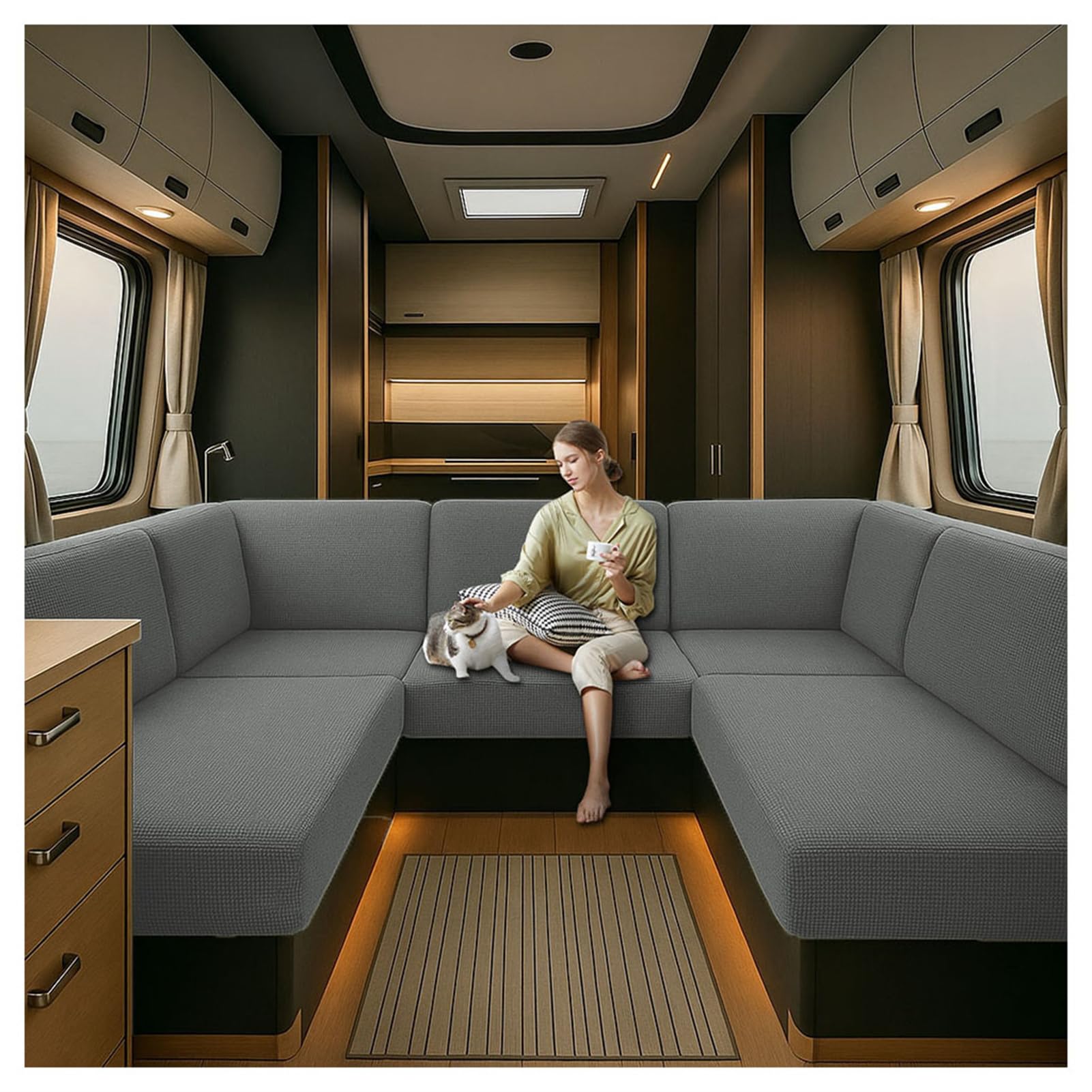 CDPTD Caravan Seat Cover Waterproof Stretch Jacquard, Non-slip RV Dinette Cushion Covers with 2 Straps with Elastic Straps Multi-Size Fit for Camper, Motorhome & Indoor (Gray,W 60-90cm, D 60-90cm)