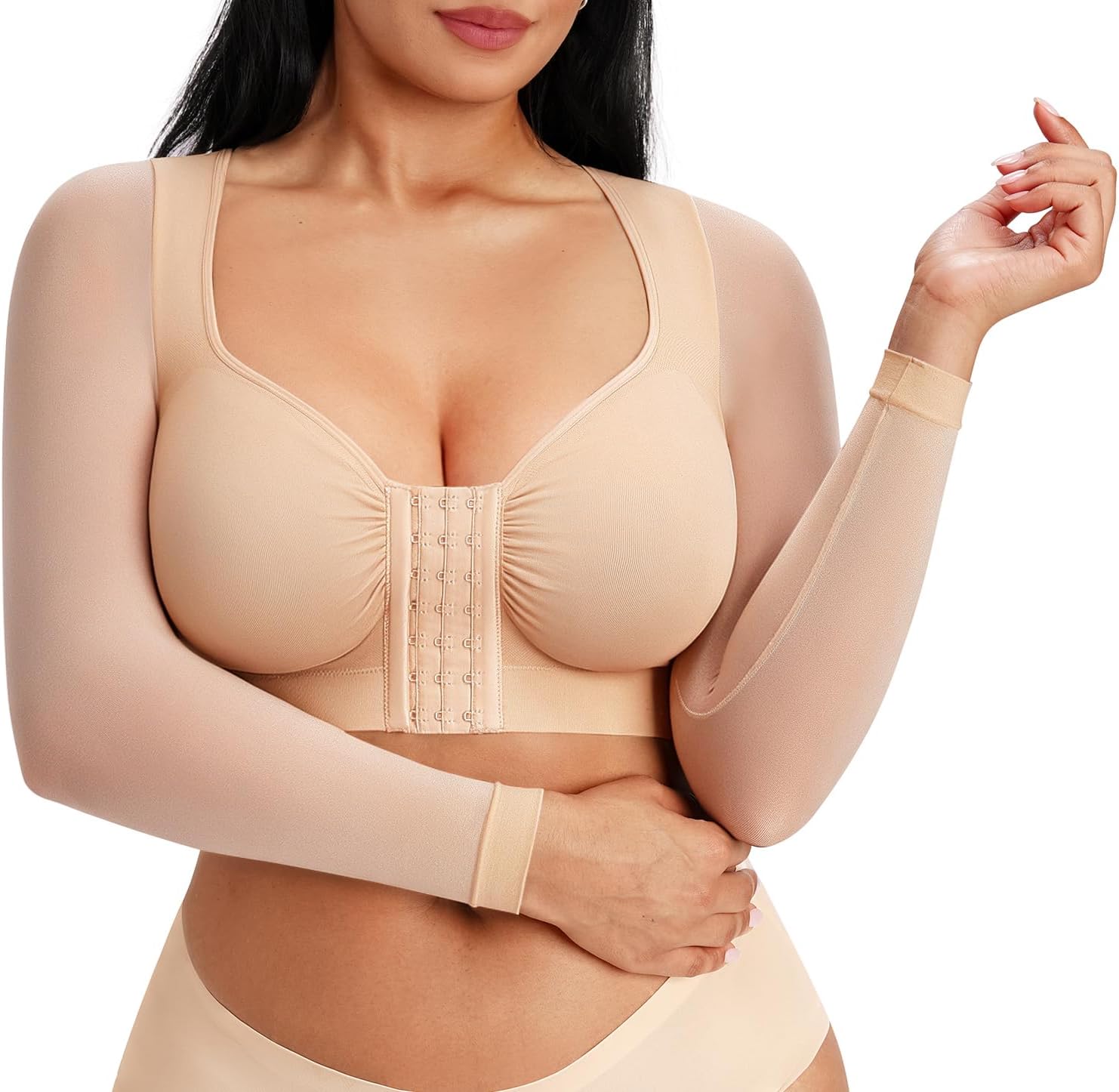 SHAPELLX Long Sleeve Arm Smoothing Shapewear for Women Front Closure Bra
