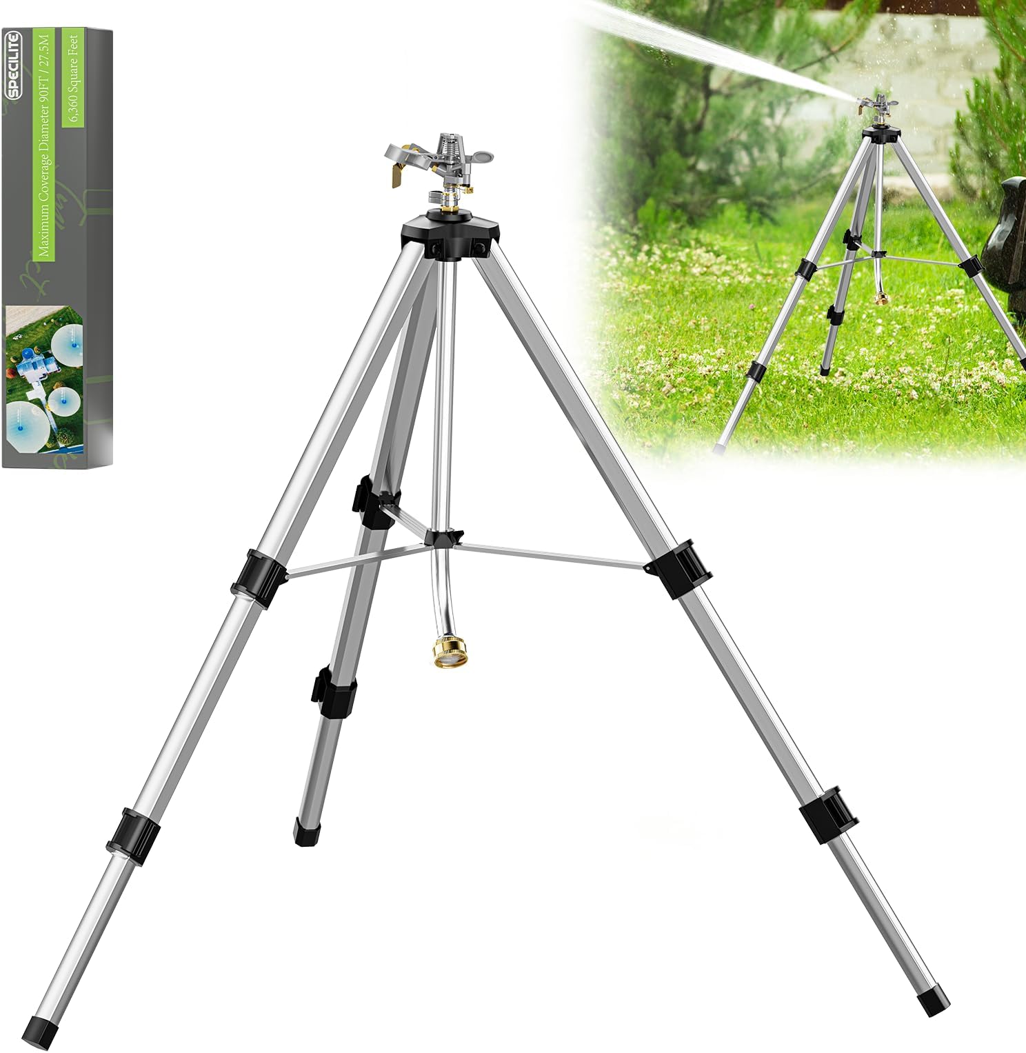 Impact Sprinkler on Tripod Base, 360° Rotating Brass Metal Pulsating Telescoping, 50" Heavy Duty Irrigation for Large Area, Yard, Lawn, Waters up to 90ft, Covering up to 6360sqft