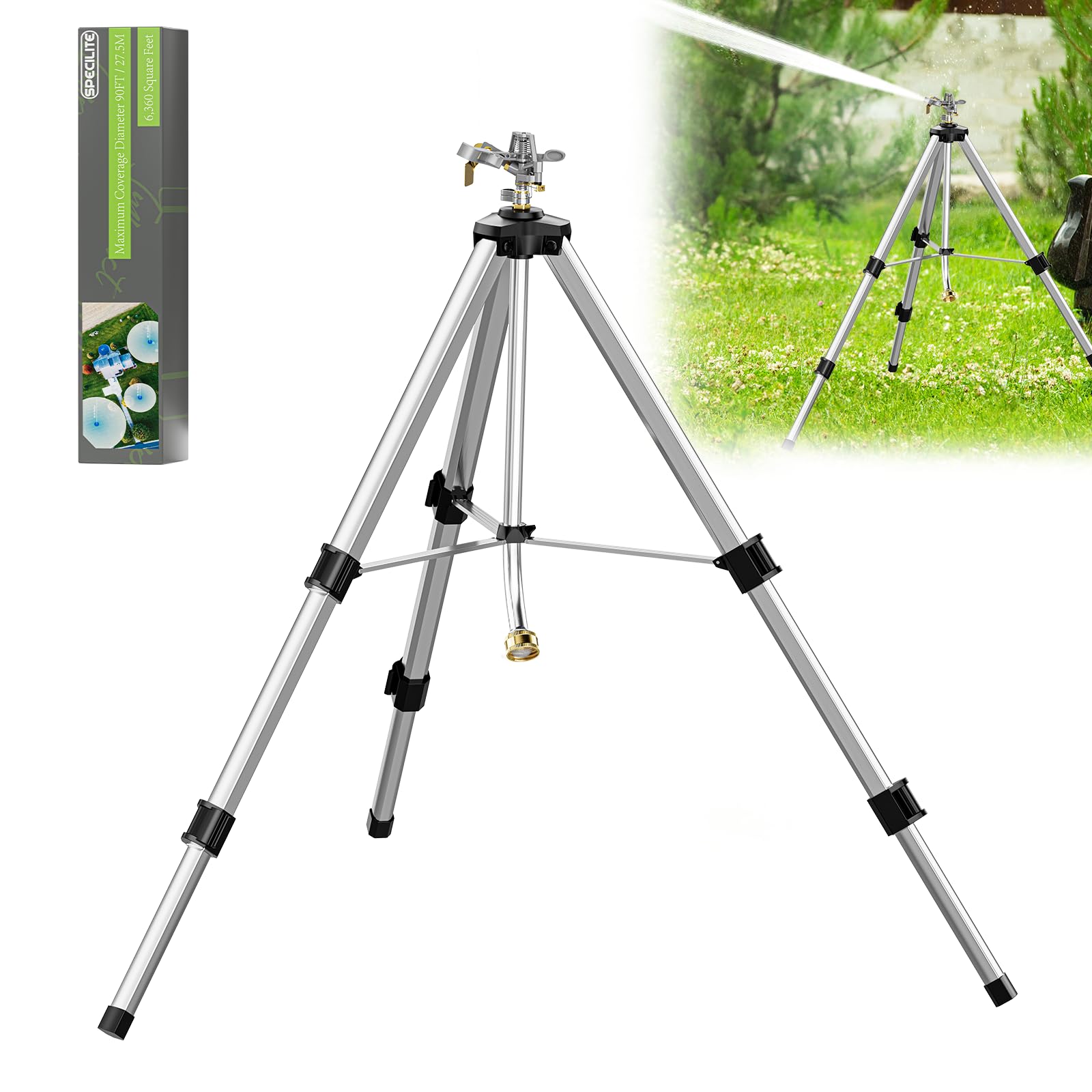 Impact Sprinkler on Tripod Base, 360° Rotating Brass Metal Pulsating Telescoping, 50" Heavy Duty Irrigation for Large Area, Yard, Lawn, Waters up to 90ft, Covering up to 6360sqft