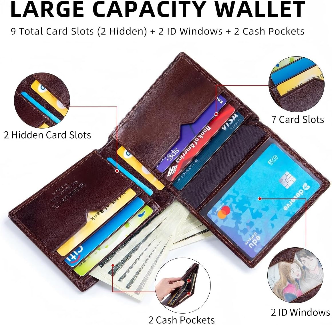 Men's Top Grain Leather RFID Blocking Bifold Wallet - Large Capacity Spacious 9 Card Slots, 2 ID Windows, 2 Cash Pockets, Durable Everyday Carry for Travel & Daily Use (Brown)