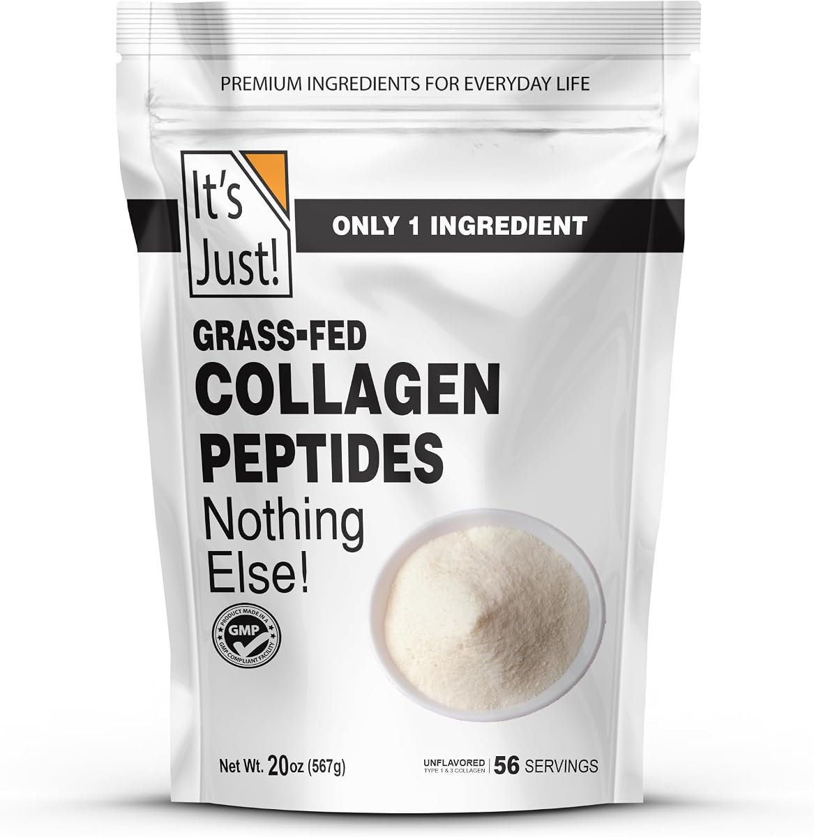 It's Just! - Collagen Peptides (1.25lb) Grass-Fed Protein Powder, Unflavored, GLP-1 Friendly, Heavy Metal Tested by 3rd Party Lab, Type I & III, Hydrolyzed to Dissolve Quickly, 20oz