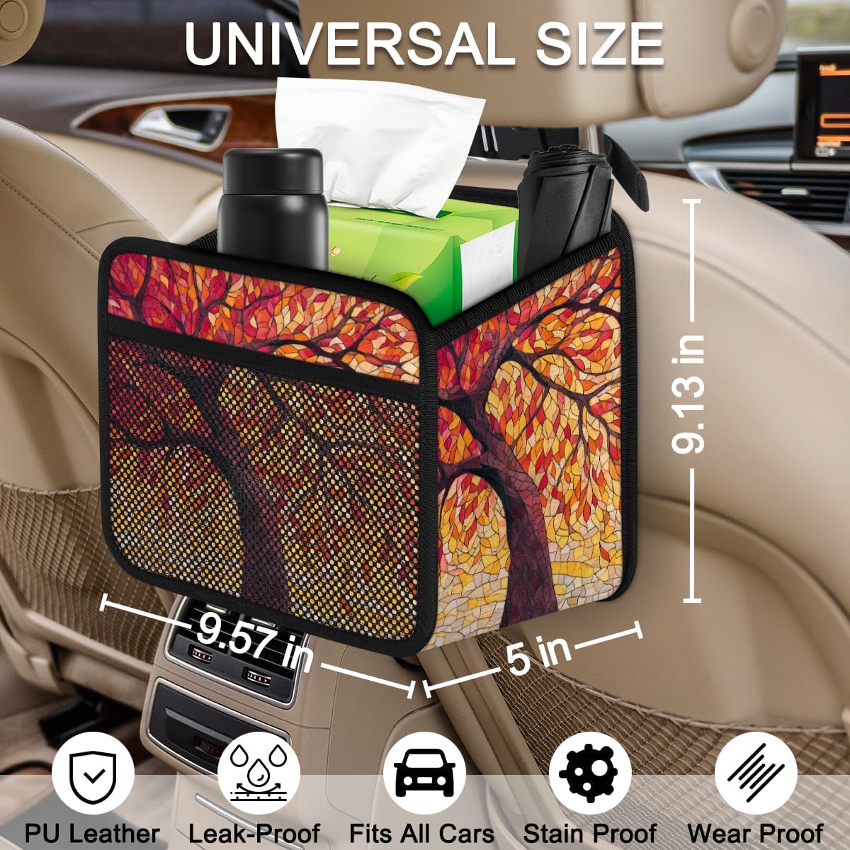Red Yellow Stained Glass Tree Print Car Seat Back Organizer Bag