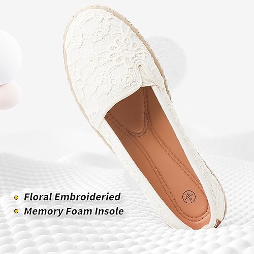 Miniatura 4 de BABUDOG Zapatos planos para mujer con bordado de flores, zapatos de ballet de encaje blanco, zapatos planos elegantes y cómodos