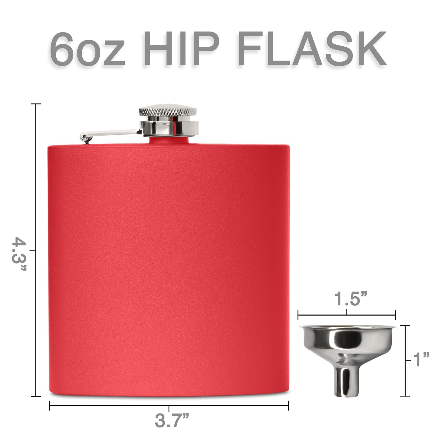 6 oz Stainless Steel Hip Flask with Funnel for Men & Women, Powder Coated Flask Gift Sets for Groomsmen, Bridesmaids, Wedding Party Whiskey Flask for Liquor, by Clear Water Home Goods, Matte Red