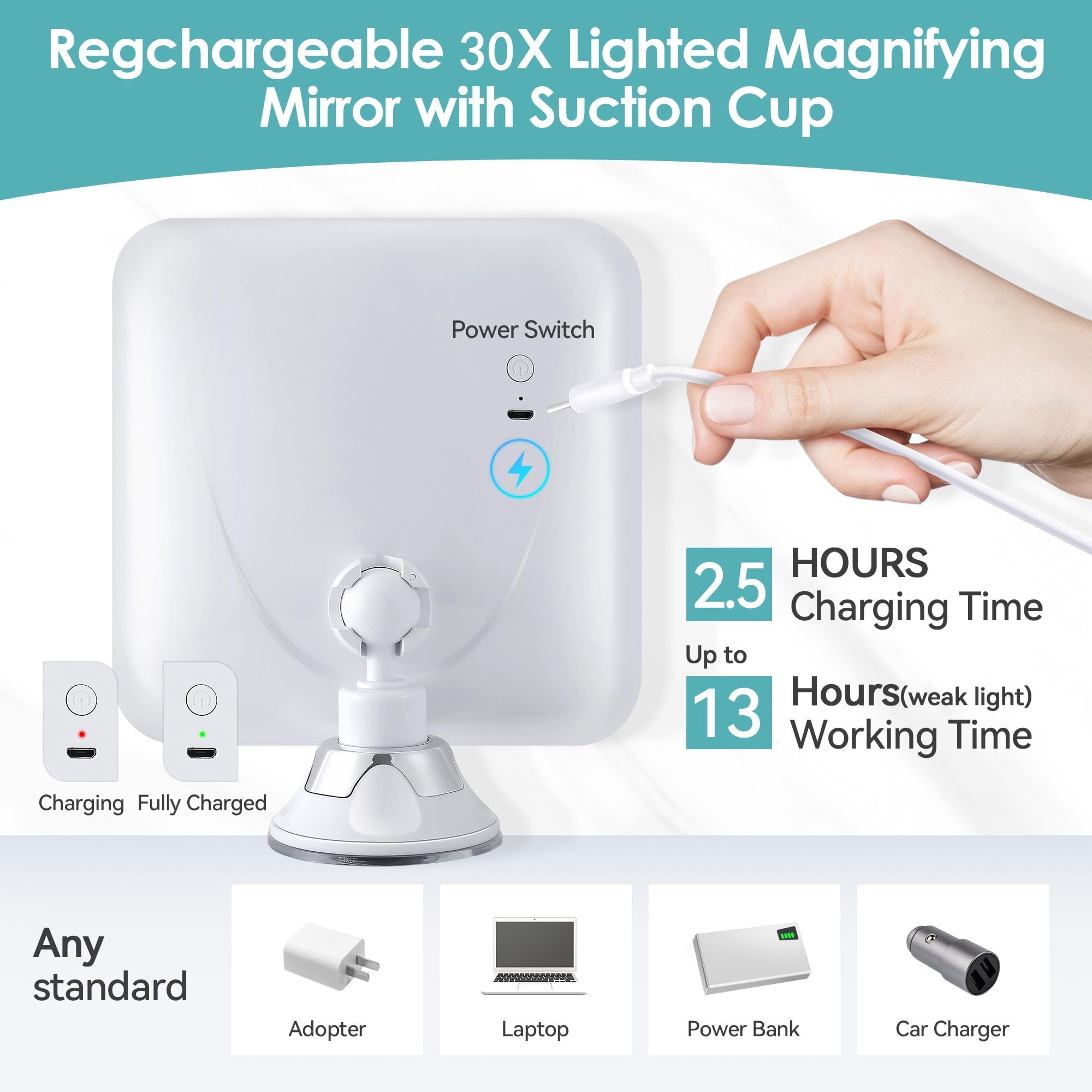 Miroir grossissant avec lumière, Miroir de Maquillage Lumineux grossissant 30x avec contrôle Tactile et Ventouse, Rechargeable, Rotation à 360°, Salle de Bain et Voyage, carré