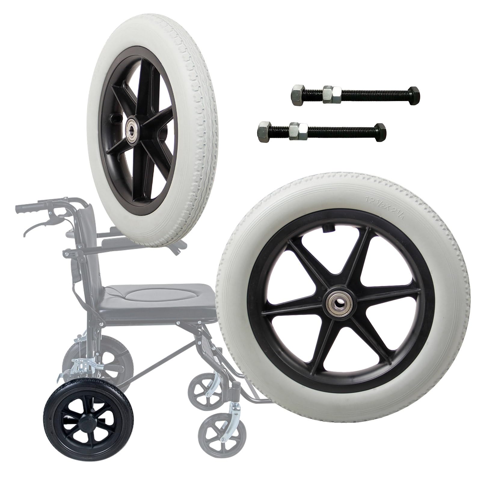 2x Wheelchair Wheels, 12" Solid PU Rear Wheel For Wheelchair, Caster Assembly, With Bearing, Wear-Resistant, Replacement Wheels For Walkers Rollators And Wheelchairs