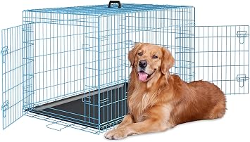 Dopinmin 48 Inch Heavy Duty Dog Crate Double Door Folding Metal Dog Cage Dog Crates for Large Dogs Outdoor Indoor Includes Divider Panel and Leak-Proof Tray,Blue
