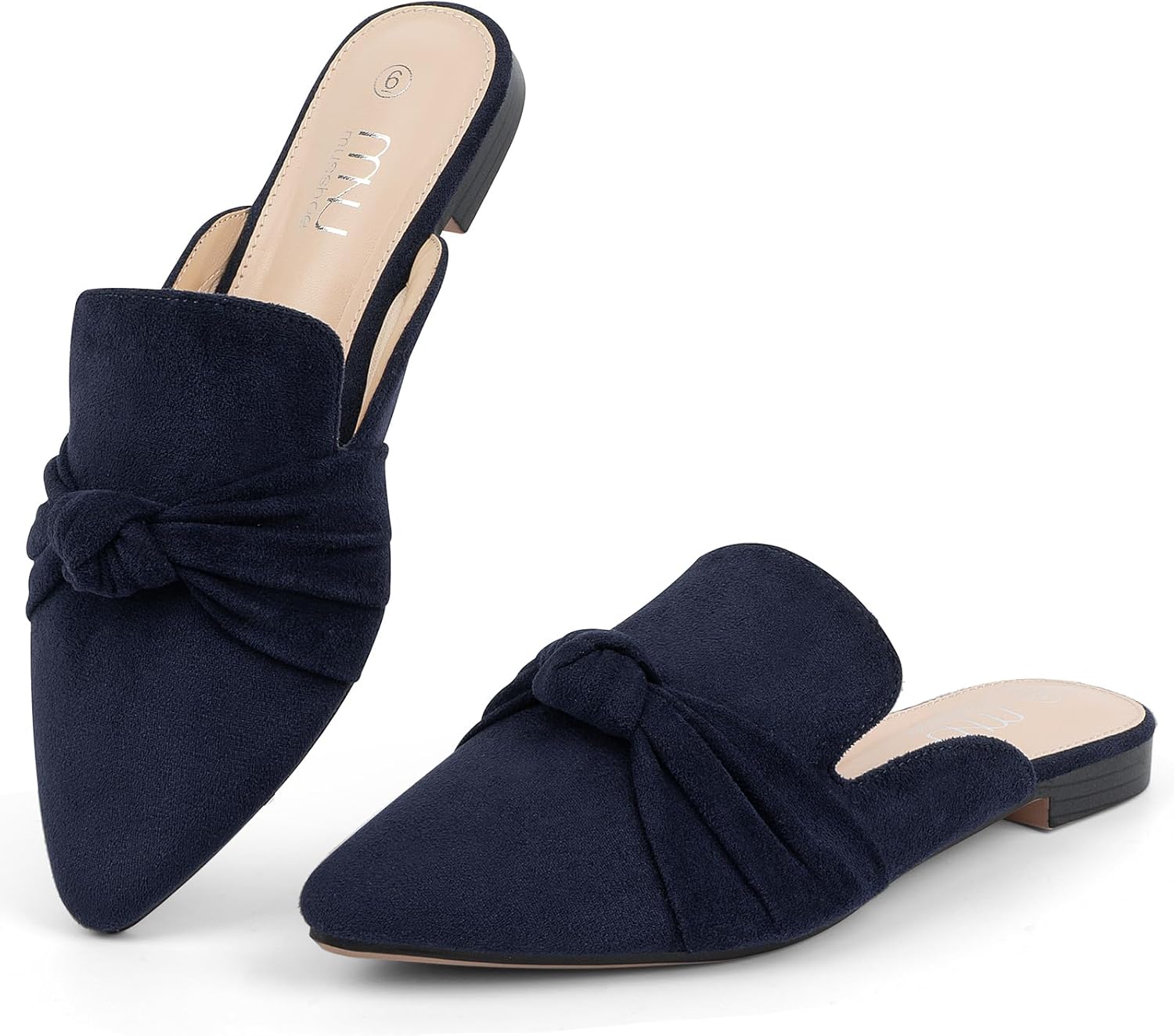 MUSSHOE Mules for Women with Bow Knot: Pointed Toe Flats - Cloud-Cushion Suede Backless Loafers for Office & Casual Wear - Wide-Fit Friendly Slip On Slides with Memory Foam