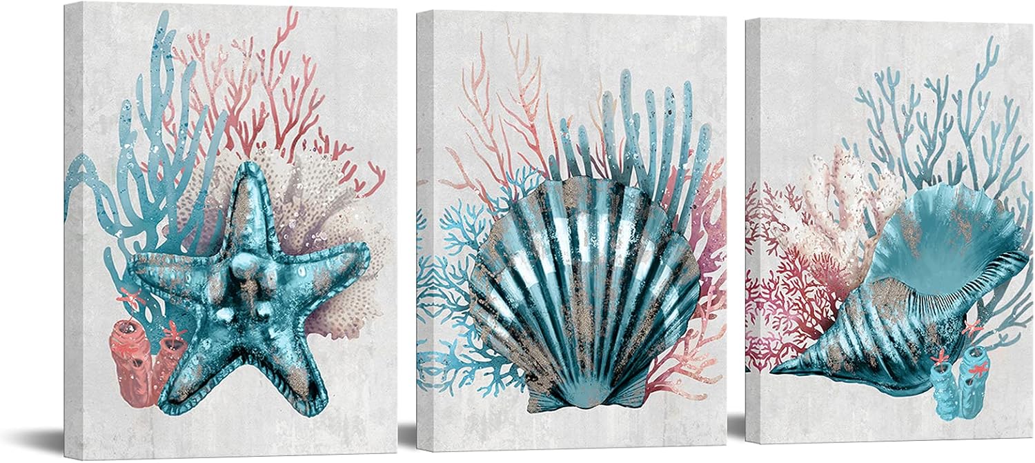 RyounoArt Coral Art Wall Decor Beach Sea Shell Pictures Prints on Canvas Teal and Coral Bathroom Decor Framed 12 * 16 inch each