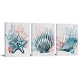 RyounoArt Coral Art Wall Decor Beach Sea Shell Pictures Prints on Canvas Teal and Coral Bathroom Decor Framed 12 * 16 inch each