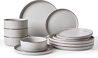 Famiware Nebula Ridge Stoneware Dinnerware Sets, Plates and Bowls Sets for 4, 12 Pieces Dishes Set, Microwave and Dishwasher Safe Kitchen Plates, Light Gray