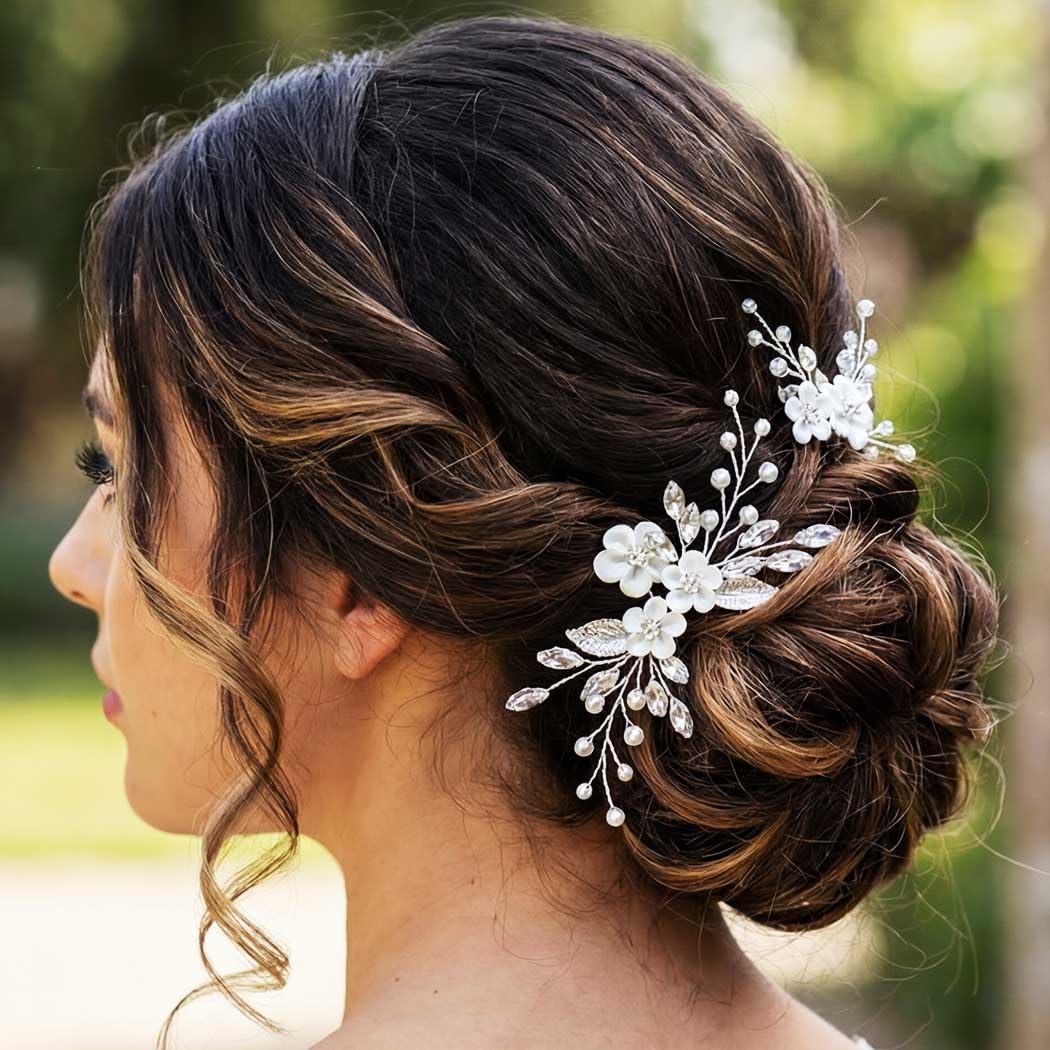 Gorais Flower Bride Wedding Hair Pins Silver Rhinestone Bridal Hair Pieces Pearl Hair Clips Hair Accessories for Women and Girls (Pack of 2) - Image 3