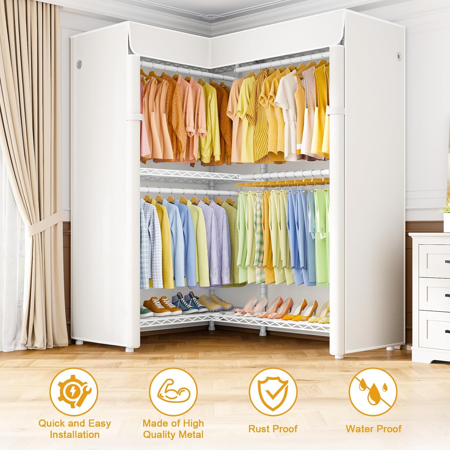 ULIFHOME E15C Garment Rack L Shaped Clothes Rack for Corner，Freestanding Clothing Racks for Hanging Clothes，Heavy Duty Closet Organizer 43.4"W x 15.8"D x 78.4"H，White Rack with White Dustproof Cover image 4