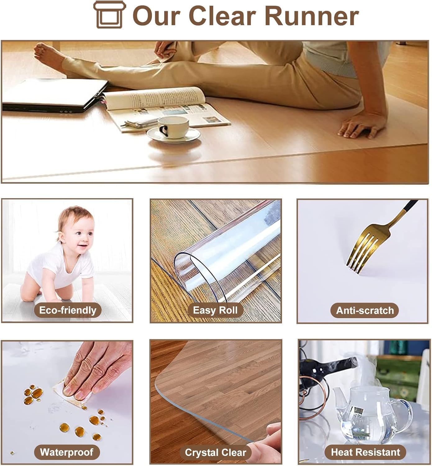 Clear Plastic Vinyl Rug Protector Cover Dust-Proof PVC Rugs Runner for Living Room Hall Kids Room, 1.5mm Thick Transparent Area Rug Cover(90X700CM (3X23FT))