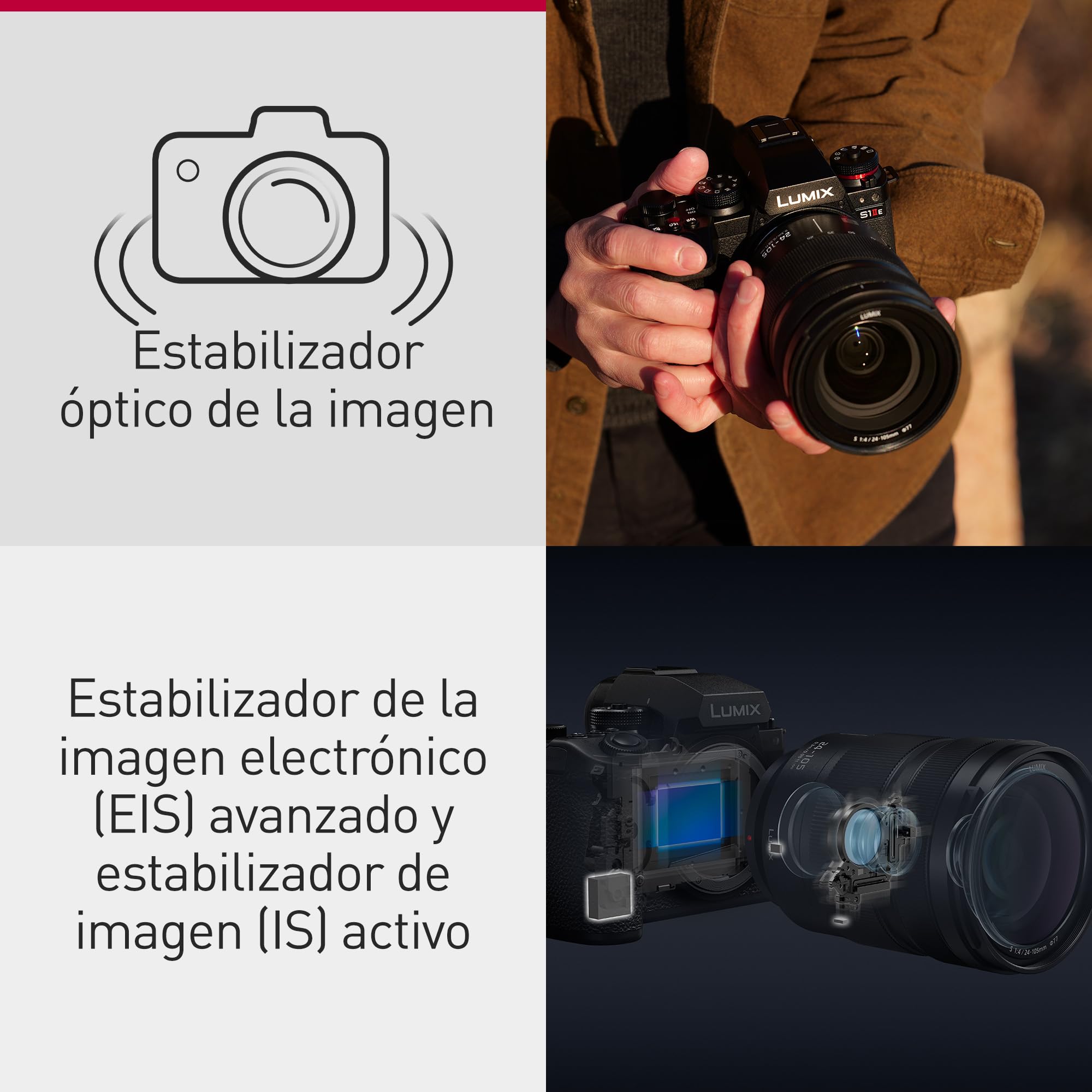 Panasonic LUMIX S1IIE Cámara Sin Espejo de Fotograma Completo, 24MP, Cs4K 60p Área Completa, Video 6K 30p Open Gate, I.S. Activo, Grabación 4:2:2 10 bit, Montura L, DC-S1M2ESME, Objetivo 24-105mm F4