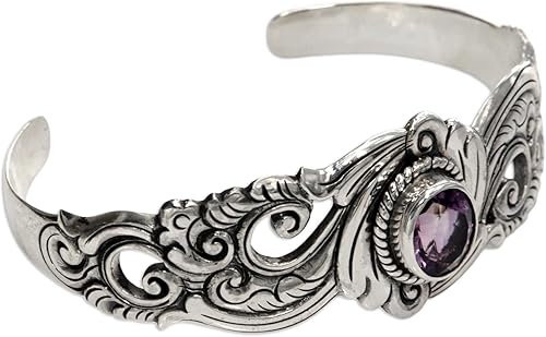 Miniatura 6 de NOVICA Pulsera artesanal de amatista hecha a mano, plata esterlina, piedra natal indonesia, tradicional balinesa 6 pulgadas de largo (extremo a