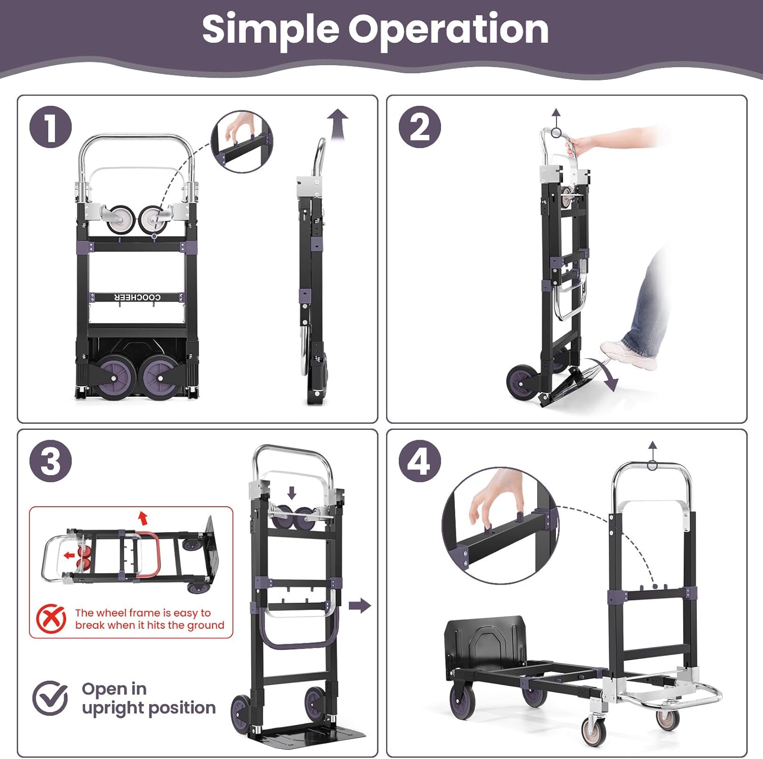 3-in-1 Convertible Heavy Duty Folding Hand Truck Dolly, 600LB Capacity with Rubber& Wheels Telescoping Handles, Portable Collapsible Cart for Warehouse, Supermarket, Office (Black)