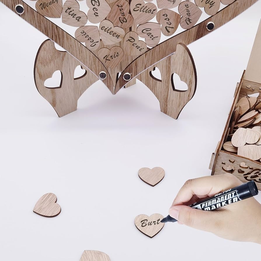 Colingmill Wooden Wedding Guest Book Alternative With 100 Wood Hearts Chips, Drop Box And Pen Eucalyptus Leaves Theme Heart Picture Frame Rustic Wedding Guest Book Decor For Reception Ceremony(Wood