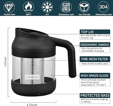 Cold Brew Coffee Maker Stainless Steel Strainer Large,Durable Iced Coffee Maker Cold Brew Pitcher,Dishwasher Safe 38 Oz Iced Tea Maker