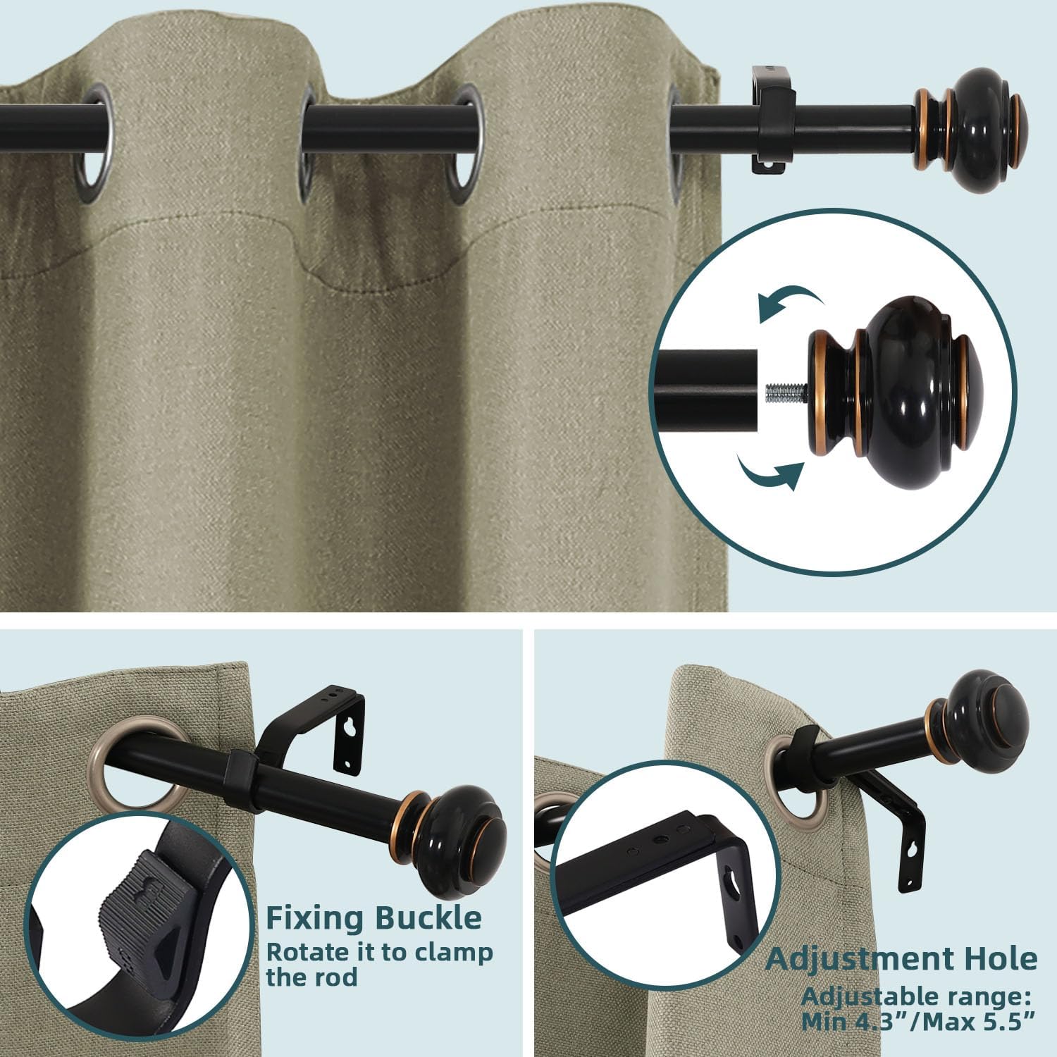 FantasDecor Curtain Rods for Windows 16-90 Inches Adjustable Length 1 Inch Diameter Bedroom, Kitchen, Living Room Curtain Rod with Classic Round End Caps Black Brushed with Gold Color