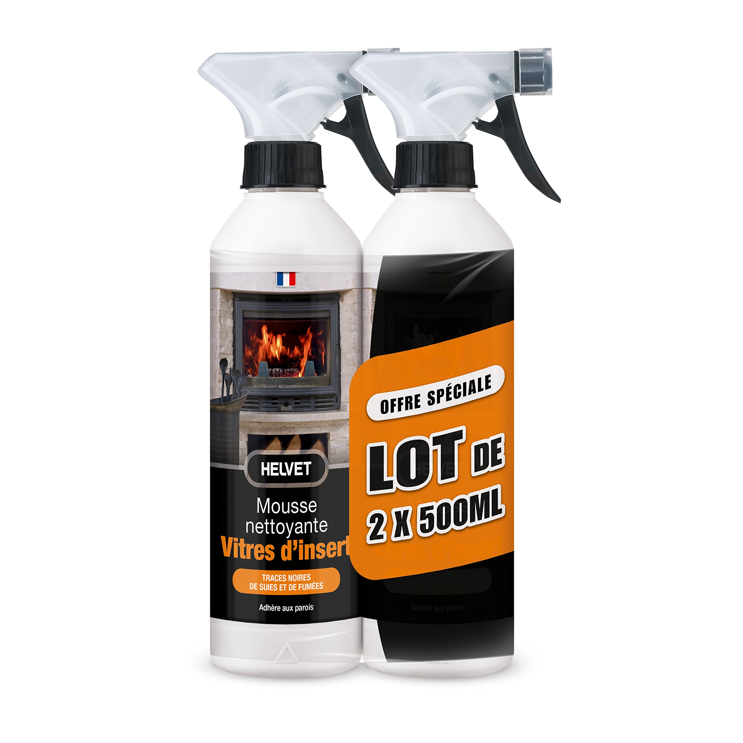 Helvet' Lot de 2 Nettoyant Vitres d’Insert pour Poêles et Cheminées – Format Mousse pour nettoyer au mieux les traces noires de suies et de fumées – 500 mL