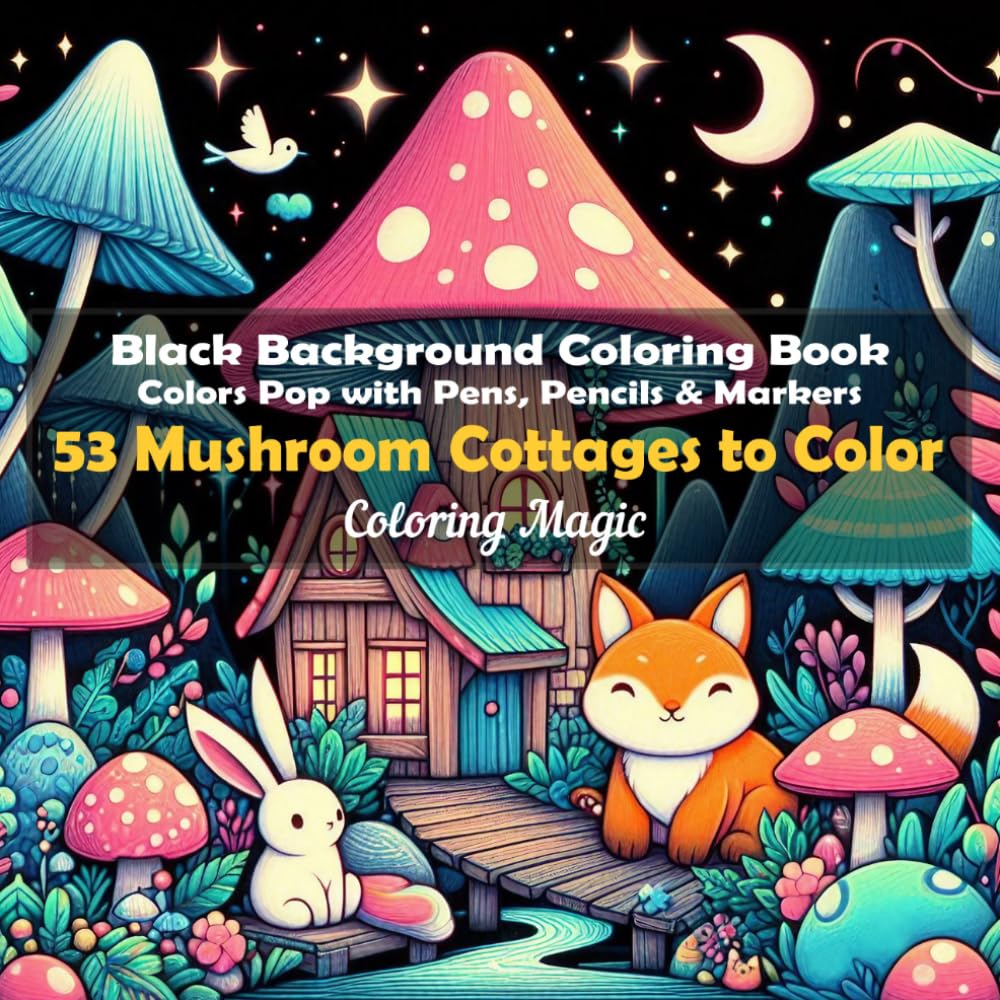 53 Mushroom Cottages to Color: An adult coloring book featuring elegant black and white scratch art sketches with adorable animals (Midnight Black Background Coloring Series)