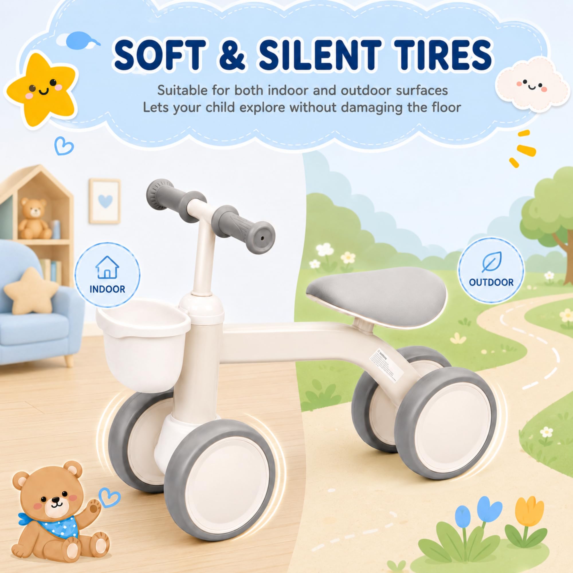Garvee Draisienne Bébé 1 an 4 Roues, Vélo sans Pédales avec Panier, Blanc, Jouet Enfant pour 12-24 Mois