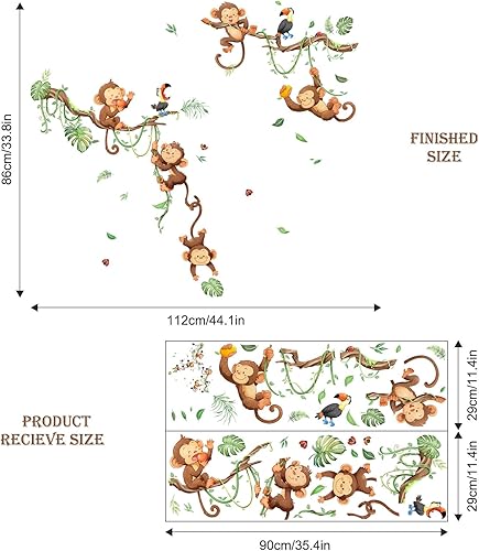 Miniatura 5 de Calcomanías de pared de árbol trepador de mono, animales de la selva y hojas de vid, calcomanías de pared para guardería, habitación de los niños,