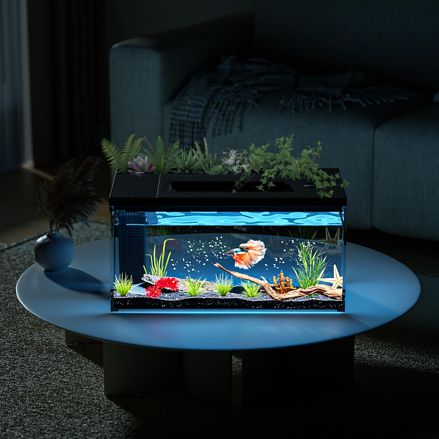 ERAARK Tanque de peces Betta de 3.7 galones autolimpiable, kit de acuario inteligente, pecera pequeña con bomba de agua ligera de filtro, kits de iniciación de pecera