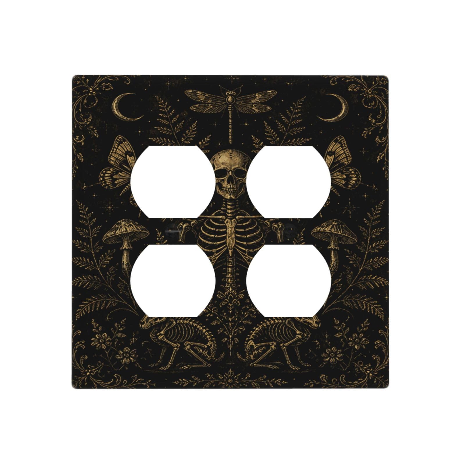 Xuejiaku Decorative Outlet Covers Vintage Gold Botanical Skeleton Gothic 2-Gang Duplex Light Switch Covers Gfci Wall Plate Dark Academia Gothic Receptacle Switchplate for Bedroom Home Decor